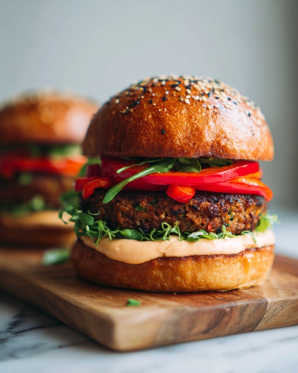 A close-up of a burger with five layers: the top layer is a shiny golden brown sesame seed bun, next is a layer of bright red grilled bell pepper strips, followed by a thick, textured grilled meat patty with green herbs visible inside. Below the patty is a fresh curly green lettuce layer, and at the bottom is a thick layer of light pink creamy sauce on a white bun base. The burger rests on a wooden board on a white marbled surface, with a soft-focus background including another burger and a pale yellow drink. Photo taken with an iphone --ar 4:5 --v 7