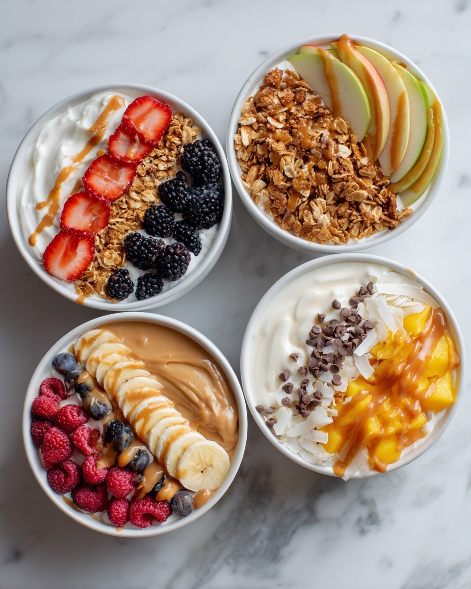 The image shows four white bowls each filled with layers of granola, yogurt, and various fruits, placed on a white marbled surface. The top left bowl has a base of granola and yogurt, topped with rows of sliced strawberries, blackberries, raspberries, and blueberries with a drizzle of brown nut butter on top. The top right bowl contains granola and yogurt, topped with sliced apple pieces and a thick drizzle of nut butter. The bottom left bowl features granola on one side, sliced banana in the middle, a line of tiny chocolate chips, and a smooth spread of chocolate nut butter on the other side. The bottom right bowl is layered with granola and yogurt, with sliced fresh pineapple and coconut flakes arranged on top, along with some red berries. A gold spoon is partially inserted into the top left bowl. Photo taken with an iphone --ar 4:5 --v 7