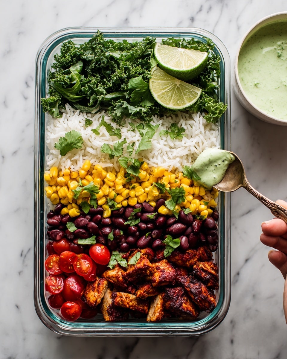 A clear rectangular glass container holds a layered meal on a white marbled surface. The bottom layer is white rice topped with dark red beans scattered evenly, followed by bright yellow corn kernels arranged in a neat row. Above the corn are halved red cherry tomatoes, and on the side, chick pieces cooked with a dark seasoning create a rich brown textured layer. Fresh green kale and cilantro leaves with rough edges sit on top of the rice close to a bright green lime wedge positioned on the upper right corner. In the top right edge, a white bowl with smooth green sauce is partially visible. Photo taken with an iphone --ar 4:5 --v 7