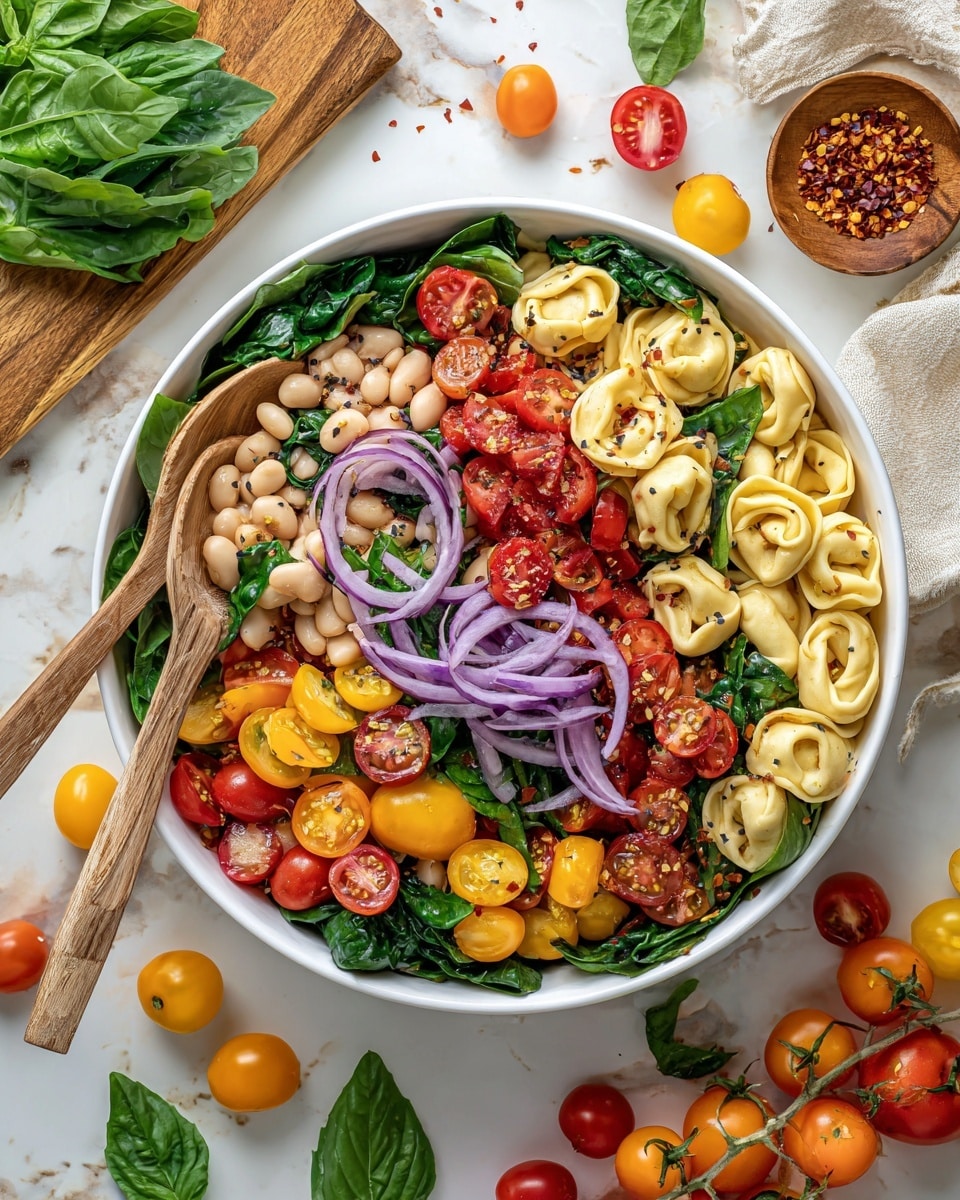 The image shows a white bowl filled with a colorful tortellini salad. The base layer is light yellow tortellini pasta, topped with brightly colored red and yellow cherry tomato halves. Scattered among these are light beige beans and thin slices of purple onion, adding texture and shapes throughout. Fresh green basil leaves are placed on top, giving bursts of green color and a leafy texture all over. A wooden spoon is partially visible on one side, resting in the bowl. The bowl is on a white marbled surface with fresh basil leaves, a small wooden bowl of red chili flakes, and a tray of red and yellow cherry tomatoes nearby. Photo taken with an iphone --ar 4:5 --v 7
