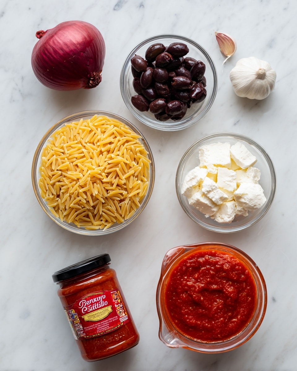 The image shows six ingredients arranged on a white marbled texture background. There is a whole red onion and two garlic cloves placed near a clear round bowl filled with uncooked risoni pasta, which is small and yellow. Next to it is a small glass bowl with sliced black olives, showing the smooth shiny dark purple texture. Below that, a jar of roasted red pepper strips with a red label is placed upright. To the right of the jar, there is a clear bowl containing a soft white goat's cheese with a creamy texture. Finally, a clear measuring jug filled with bright red passata tomato sauce completes the scene. The photo taken with an iphone --ar 4:5 --v 7