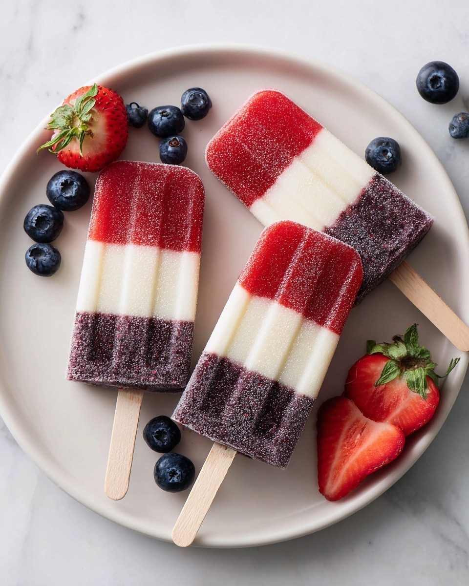 Three layered popsicles lie flat on a round white plate, placed on a white marbled surface. Each popsicle has three distinct layers: the bottom is a dark purple with small seeds, the middle layer is a bright red, and the top layer is creamy white. The popsicles have wooden sticks pointing downward. Around them, fresh blueberries and two halved strawberries with green tops are scattered, adding a natural touch. The lighting is soft and bright, showing a clear texture of the popsicles and fruits, photo taken with an iphone --ar 4:5 --v 7