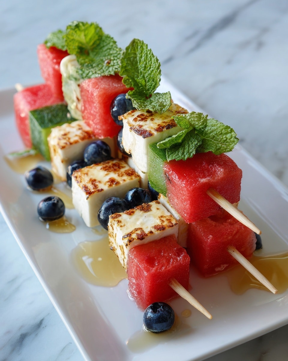 The image shows four skewers on a white plate, arranged diagonally. Each skewer has four layers: starting with a red watermelon cube, followed by two dark purple blueberries, then a grilled white cheese cube with golden brown char marks, and ending with a green cucumber cube with skin on. The skewers are garnished with small, torn pieces of fresh green mint leaves scattered on top, along with some drops of clear honey or syrup on the plate. The plate sits on a white marbled surface. photo taken with an iphone --ar 4:5 --v 7