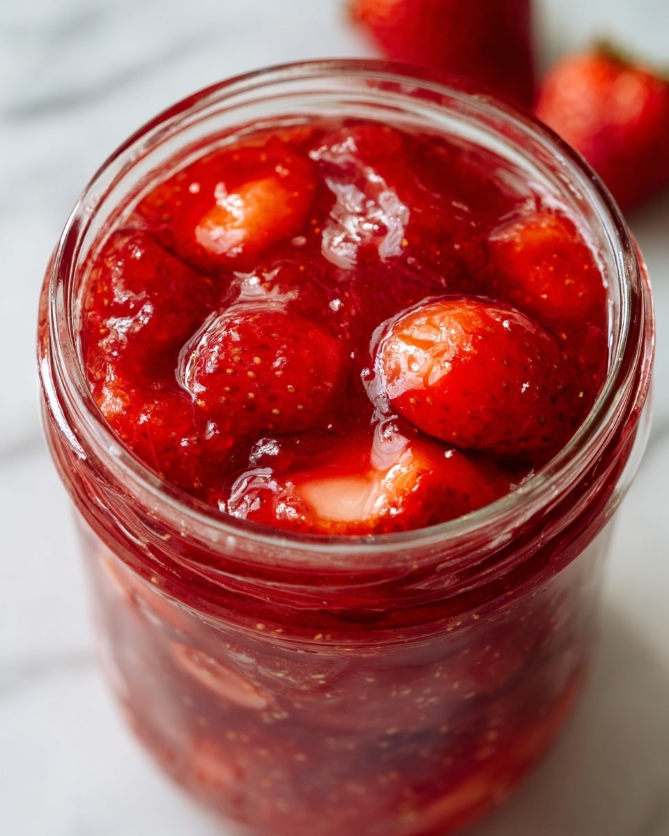 A clear glass jar with a diamond pattern is filled with chunky red strawberry jam, showing visible pieces of strawberries inside. The jar is placed on a white marbled surface surrounded by whole fresh strawberries with green leaves, some closer and some blurred in the background. The overall look is clean and bright, with the red of the jam and strawberries standing out against the white marbled surface and a plain white background. Photo taken with an iphone --ar 4:5 --v 7