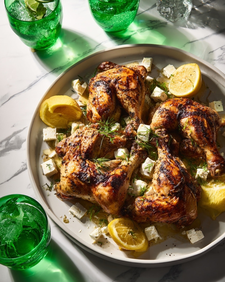 A white plate holds five pieces of golden-brown roasted chicken, each piece showing crispy skin with herbs sprinkled on top. The chicken is arranged around white chunks of soft cheese, scattered unevenly under and between the pieces. Bright yellow lemon wedges are placed on top and around the chicken, adding a fresh color contrast. Small green herb leaves are sprinkled all over the chicken and cheese. The plate sits on a white marbled surface, with a small bowl of fresh green herbs and two green glass cups filled with sparkling water in the background. Photo taken with an iphone --ar 4:5 --v 7