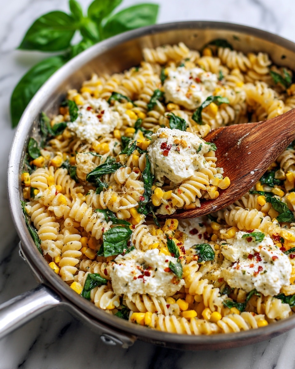 A large silver pan filled with creamy spiral pasta mixed with small yellow corn kernels spread evenly throughout. There are dollops of soft white cheese on top, sprinkled lightly with red chili flakes and garnished with small green basil leaves. A dark wooden spoon is scooping some pasta, revealing the creamy texture beneath. The pan sits on a white marbled surface with a single green basil leaf beside it. photo taken with an iphone --ar 4:5 --v 7