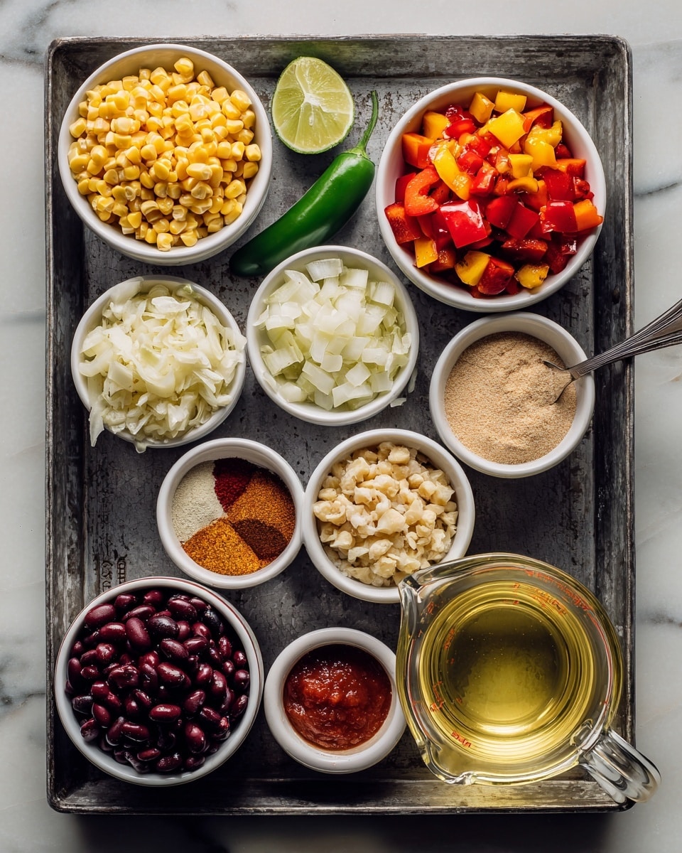 A variety of small white bowls and a transparent measuring cup are arranged neatly on a dark metal tray placed on a white marbled surface. Each bowl holds a different ingredient: bright yellow corn kernels, finely chopped white onion, creamy white cashew cream, deep red crushed tomatoes, and black beans at the bottom left. In the center, a small white bowl contains diced red and orange bell pepper pieces. To the right of this, a small white bowl has a light tan powder labeled sugar, and next to it are small piles of mixed spices with rusty orange and brown hues. A fresh green jalapeno is placed between the center bowls and a halved lime with a vibrant green rind and pale interior is beside a small white bowl of reddish tomato paste and another bowl of minced pale garlic. There is also a small white bowl with golden yellow olive oil, and a clear measuring cup with light yellow veggie broth completing the set. The entire scene has a soft natural light highlighting the colors and textures of each ingredient, photo taken with an iphone --ar 4:5 --v 7