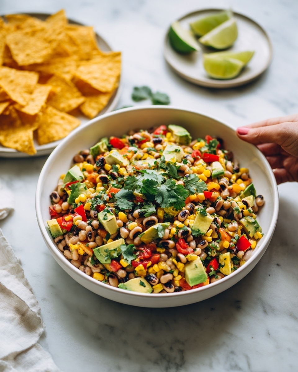 A large round bowl filled with a colorful mix of diced layers including red tomatoes, green avocado, yellow corn, black beans, and pale brown beans topped with fresh green cilantro leaves. The bowl sits on a white marbled surface, surrounded on one side by a large pile of golden yellow tortilla chips, some standing upright. On the upper left, there is a small white bowl with lime wedges, and additional lime wedges rest directly on the marble. The scene has a fresh and vibrant look, suggesting a fresh salad or salsa dish photo taken with an iphone --ar 4:5 --v 7
