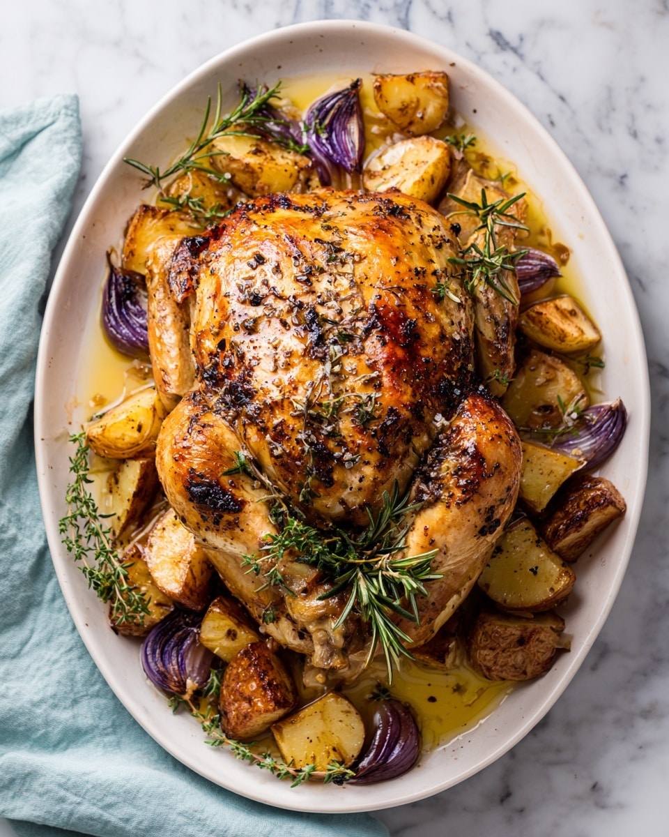 A whole roasted chicken sits in the center of a white oval dish, with a golden-brown, slightly crispy skin speckled with black seasoning and fresh green thyme leaves. Surrounding the chicken are chunky golden roasted potatoes with crispy edges, some purple garlic cloves, and sprigs of fresh rosemary providing green contrast. The dish is coated with a shiny layer of golden cooking juices that pool at the bottom. The dish is set on a white marbled surface with a soft gray cloth partially visible around the edges. Photo taken with an iphone --ar 4:5 --v 7