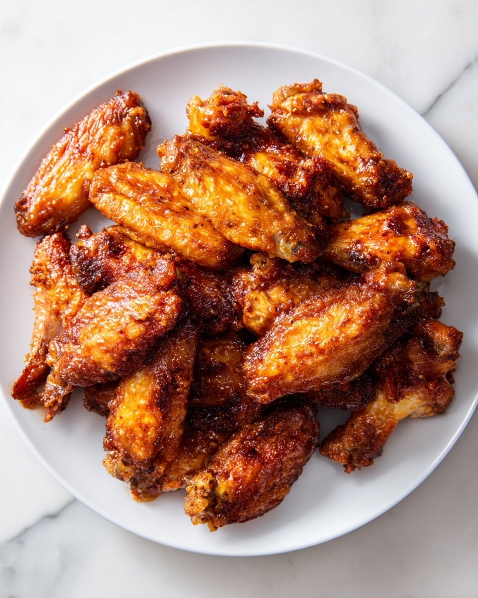 A round white plate holds about fifteen crispy fried chicken wings with a dark golden brown and sticky glaze. The wings are arranged in a piled, overlapping way with a shiny, slightly textured surface showing small bits of seasoning. The skin looks crunchy and caramelized with some blackened spots, giving a rich, appetizing color contrast. The plate is placed on a white marbled surface. photo taken with an iphone --ar 4:5 --v 7
