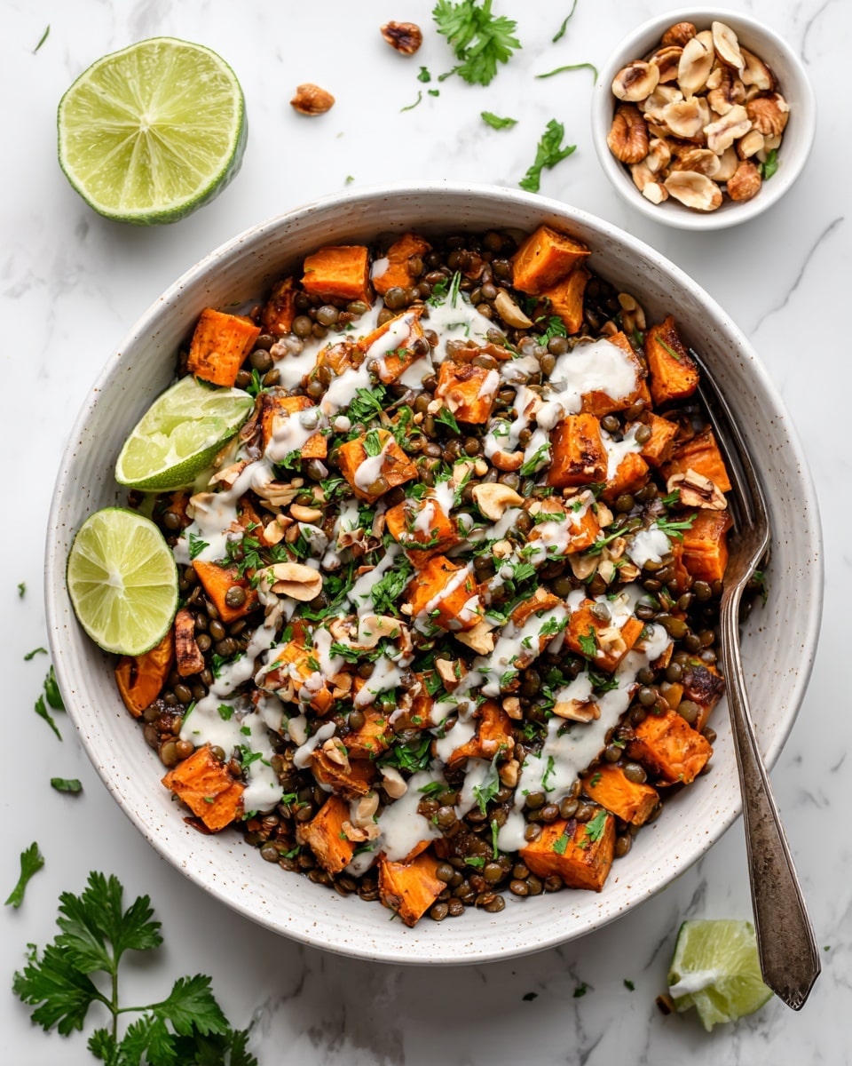 A white ceramic bowl filled with warm roasted orange sweet potato chunks mixed with dark green lentils and chopped nuts, all topped with fresh bright green parsley and drizzled with a creamy white sauce. Around the bowl, there is a partially squeezed lime wedge and a small white bowl with chopped nuts on a white marbled surface. The textures vary from soft roasted potato to crunchy nuts and fresh herbs. photo taken with an iphone --ar 4:5 --v 7