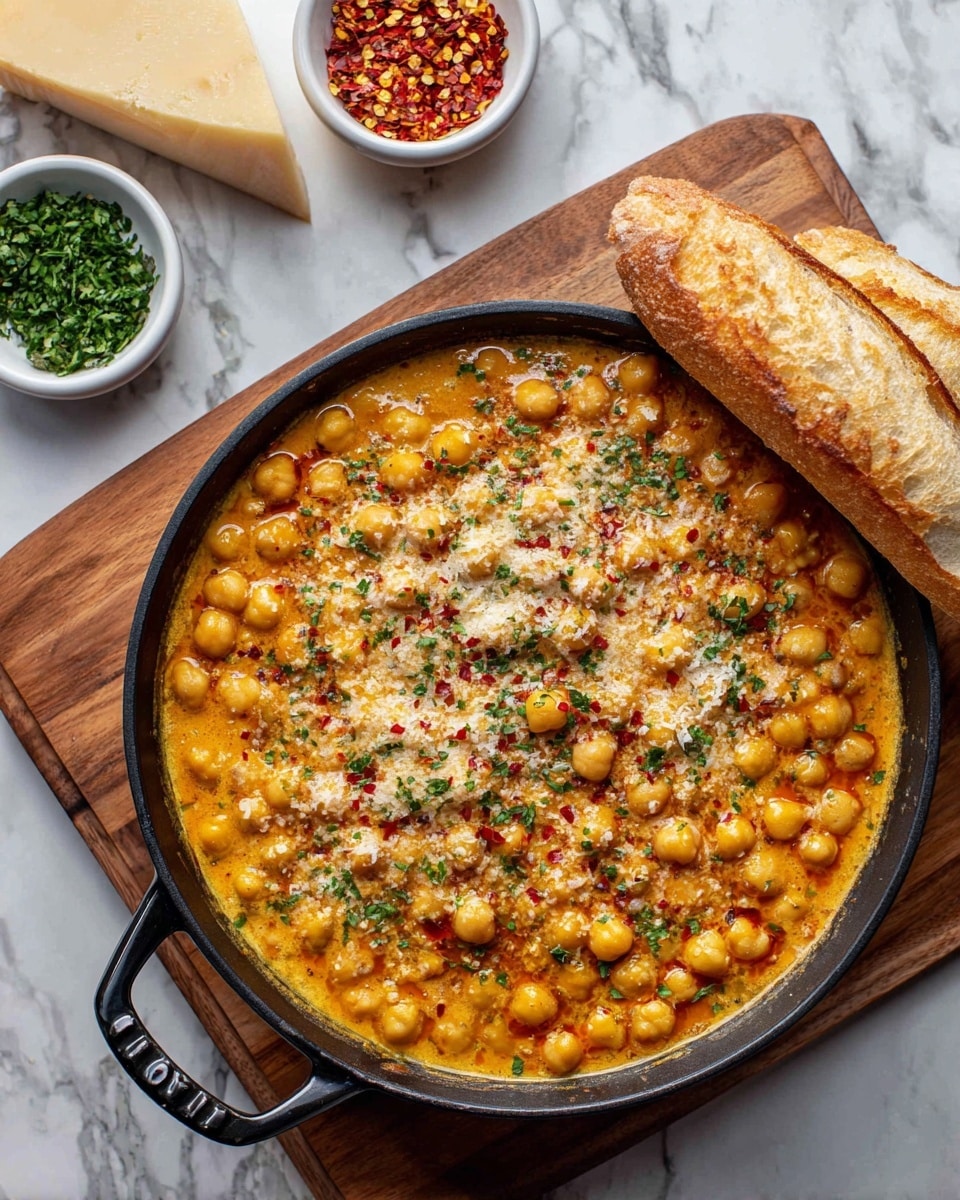 A black skillet filled with warm orange chickpea stew with whole chickpeas and green leafy herbs mixed in, sprinkled with grated cheese and red chili flakes on top. On the upper right edge of the skillet, two pieces of soft beige bread are resting. Surrounding the skillet are two small white bowls, one with bright green chopped herbs and the other with red chili flakes. The skillet is placed on a wooden board over a white marbled surface with some grated cheese scattered nearby. Photo taken with an iphone --ar 4:5 --v 7