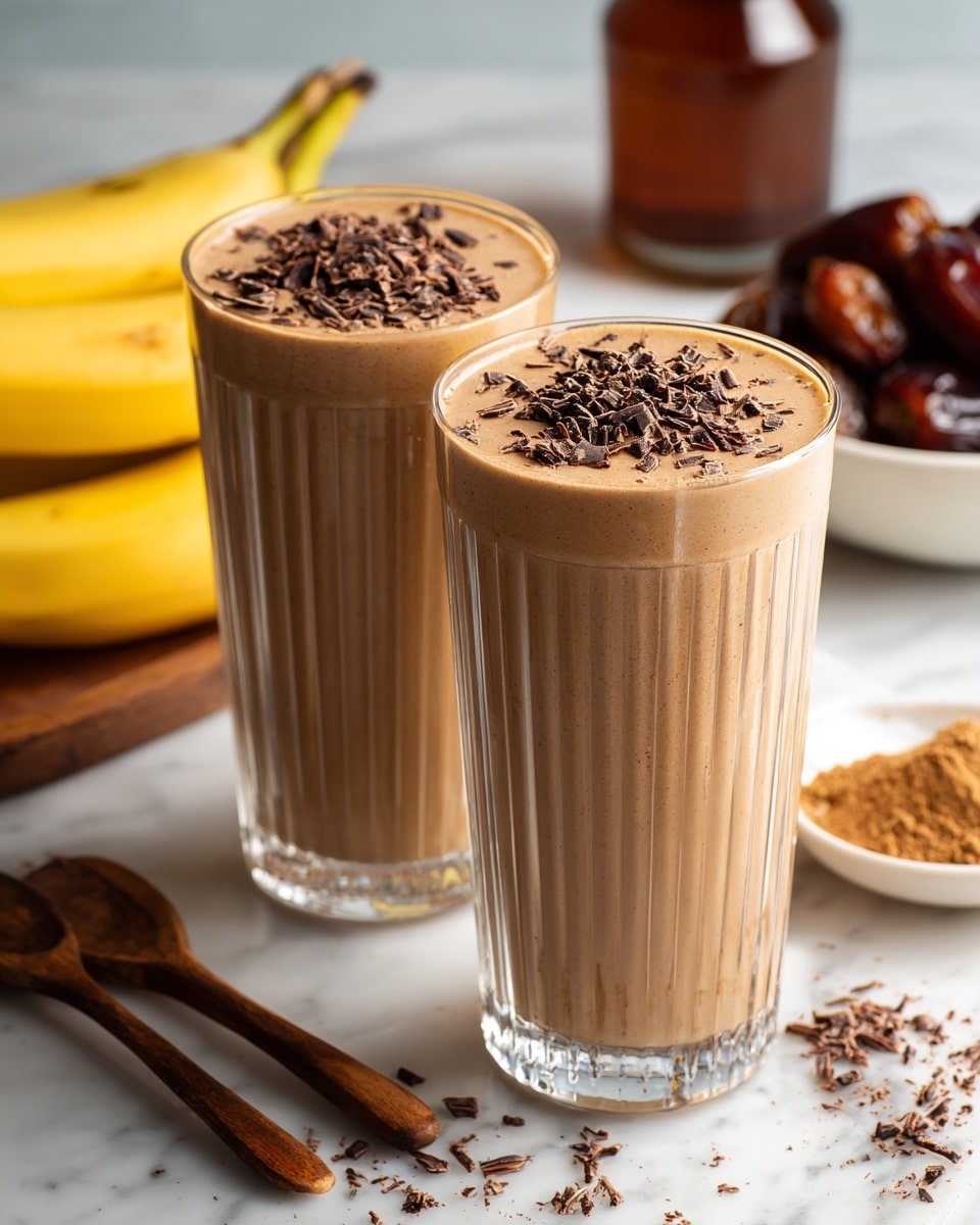 Two tall clear glasses filled with a creamy light brown smoothie topped with small dark brown chocolate shavings. Some chocolate shavings are scattered on the white marbled surface around the glasses. In the background, there is a white bowl with a few dark brown dates, a glass bottle with dark liquid, a bunch of yellow bananas on the left, and two small wooden spoons with some brown powder on a white dish. Photo taken with an iphone --ar 4:5 --v 7