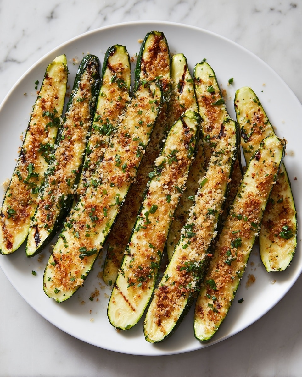 A white plate holds a neat stack of 10 long zucchini halves, each cut lengthwise and roasted until light golden brown with some darker grill marks along the ridges. The zucchini skin is vibrant green, while the soft inner flesh shows a pale yellow-green color with a slightly textured surface. A fine layer of light brown crumb topping with small green herb specks is sprinkled evenly over each zucchini, giving a crunchy look. The plate sits on a white marbled surface, and the image is clear and close-up, showing detailed textures and colors. photo taken with an iphone --ar 4:5 --v 7
