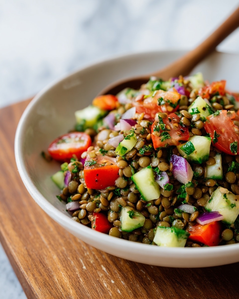 A close-up view of a bowl filled with a colorful lentil salad, showing three main layers: at the bottom, small brown lentils mixed with tiny green leaves; in the middle, bright red diced tomatoes and small pale green cucumber cubes; and on top, finely chopped fresh parsley sprinkled all over, adding a vibrant green texture. The bowl is white and sits on a white marbled surface, with some blurred green herbs in the background. Photo taken with an iphone --ar 4:5 --v 7