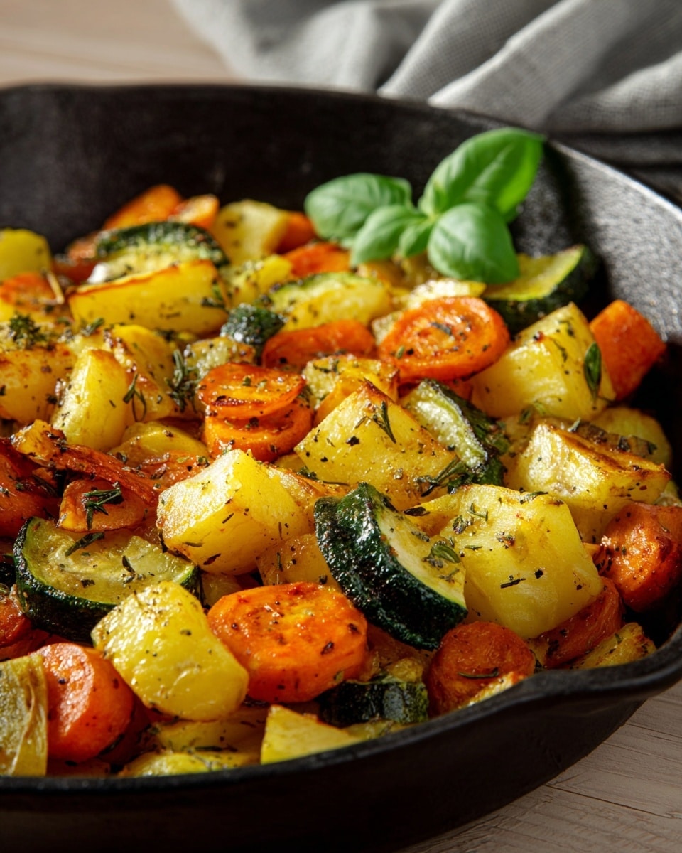 A black cast iron pan is filled with three layers of roasted vegetables: the bottom layer has golden yellow potato chunks with crispy edges; the middle layer shows bright orange carrot slices with a slightly shiny roasted texture; and the top layer contains green zucchini pieces with rough green skin and tender white inside. The vegetables are sprinkled with dried herbs and black pepper, and a fresh green basil leaf sits in the center as a garnish. The pan is on a wooden surface, but the scene should be imagined with a white marbled texture. photo taken with an iphone --ar 4:5 --v 7