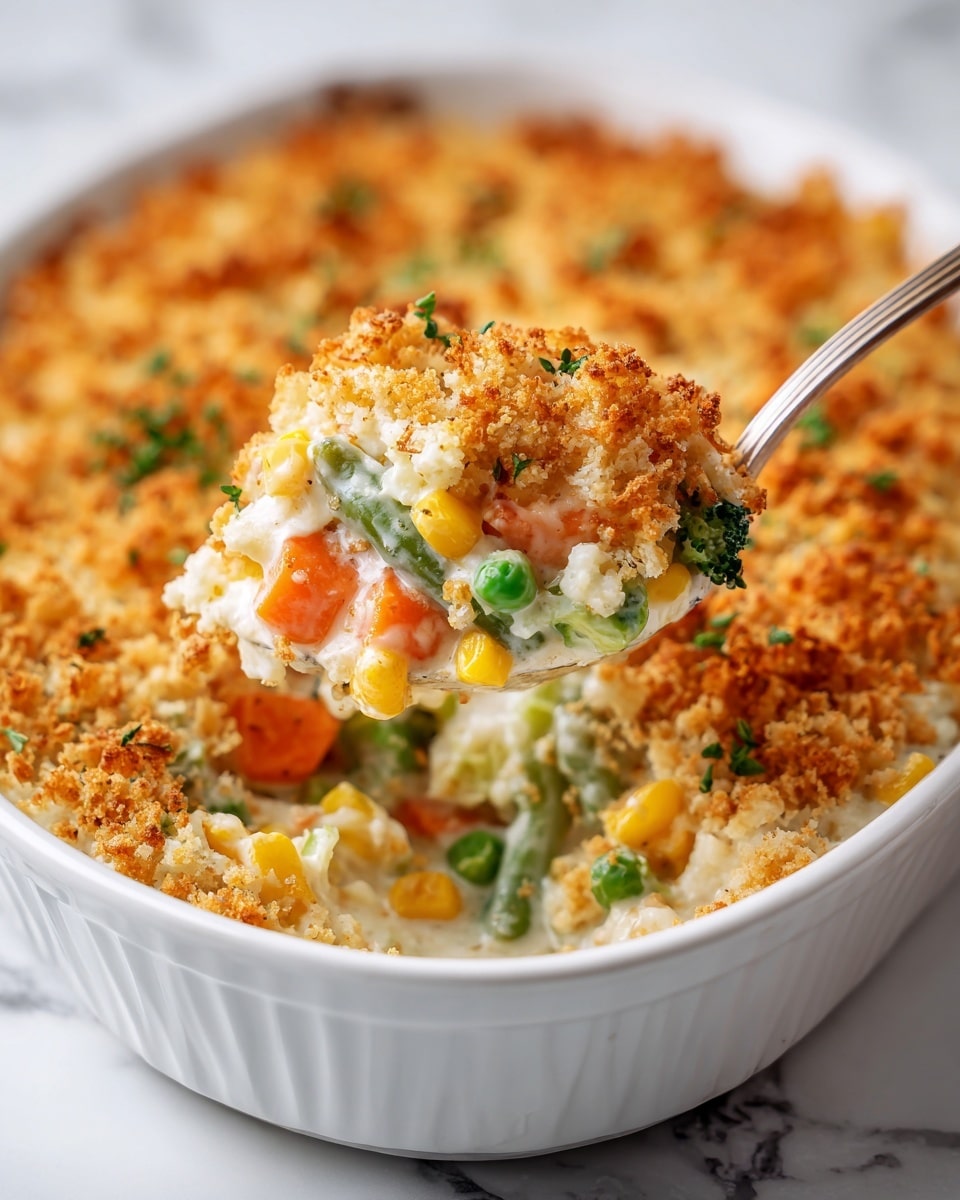 A white oval dish filled with a creamy vegetable rice casserole. The top layer is golden brown and crispy, made of baked crumbly pieces. Underneath, there is a rich, soft mixture of rice with small bright pieces of yellow corn, orange carrots, green beans, peas, and broccoli florets scattered throughout. A spoon is lifting a scoop, showing the thick and creamy inside with colorful veggie bits, contrasting with the crunchy top. The dish rests on a white marbled surface. photo taken with an iphone --ar 4:5 --v 7