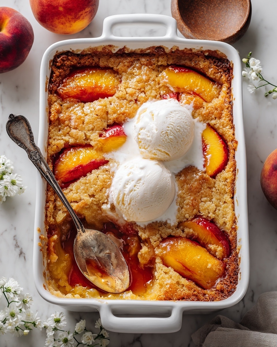 A white rectangular baking dish holds a baked peach cobbler with a golden-brown, slightly crispy crust on top, showing orange and red peach slices peeking through in layers beneath. There are two scoops of melting vanilla ice cream placed on the top right, slightly melting into the warm peach cobbler and blending creamy white into the golden baked surface. A silver spoon rests inside the dish on the bottom left corner, partially scooping from the dessert. The dish sits on a white marbled textured surface with small white flowers and a cup with a light-colored liquid nearby. photo taken with an iphone --ar 4:5 --v 7