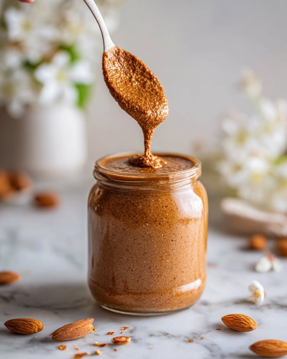 A clear glass jar filled to the top with thick, brown almond butter that has a slightly grainy texture. A white ceramic spoon lifts a scoop of the almond butter, showing its dense, creamy consistency. The jar sits on a white marbled surface scattered with a few whole and half almonds. In the background, soft focus shows hints of white flowers and kitchen items, creating a clean, bright setting. A woman's hand holds the spoon from the top right corner of the image. photo taken with an iphone --ar 4:5 --v 7