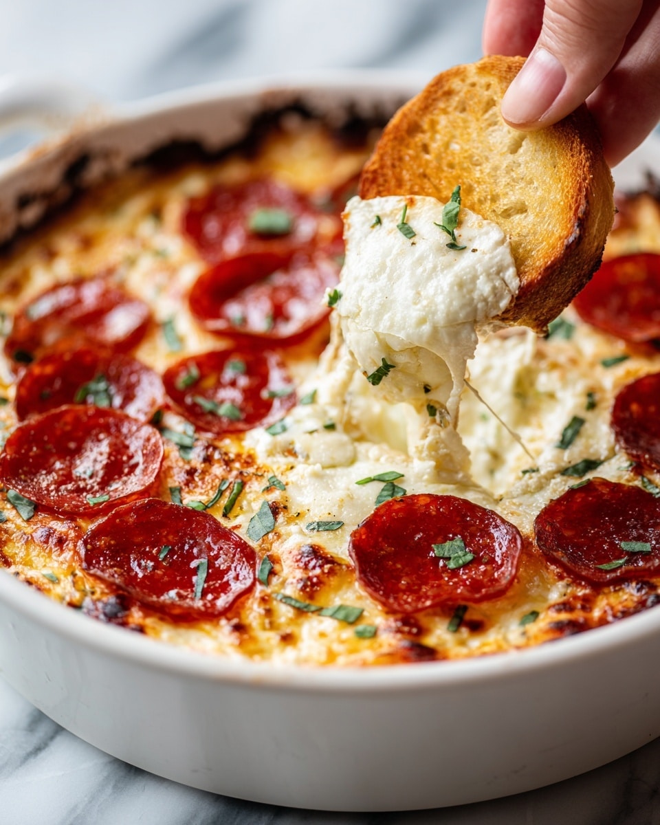 A white dish with a baked dip that has three visible layers: the bottom layer is creamy and slightly golden, the middle layer is melted white cheese with a smooth texture, and the top layer has round, red pepperoni slices with small bits of green herbs scattered on top. A woman's hand is holding a small piece of toasted bread, dipping it into the layers, picking up a pepperoni slice covered in cheese. The background is a white marbled texture. photo taken with an iphone --ar 4:5 --v 7