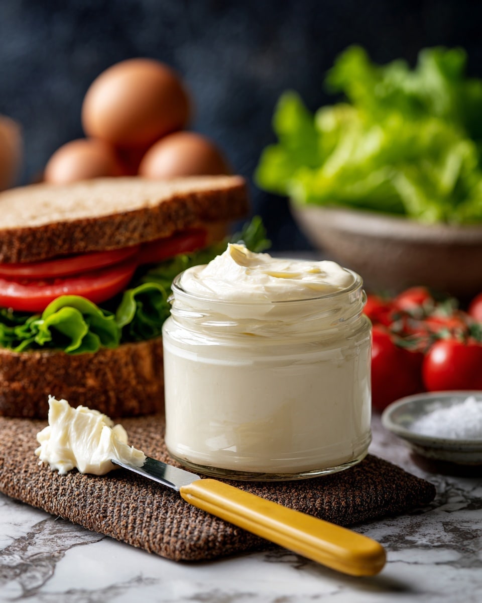 A clear glass jar filled with smooth, creamy white spread sits front and center on a textured wooden board. To the left of the jar, there is a sandwich made with brown bread layered with several green lettuce leaves and two slices of red tomato on top. In front of the jar, a butter knife with a yellow handle rests diagonally, with some of the white spread on its tip. The background shows blurred objects including brown eggs, red tomatoes, a bowl of leafy green lettuce, and a small white bowl with coarse salt on the right, all set against a dark backdrop on a white marbled surface. photo taken with an iphone --ar 4:5 --v 7