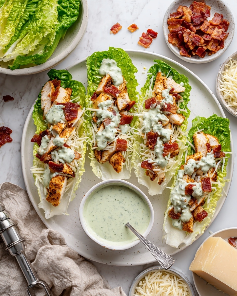 Four pieces of fresh green lettuce serve as small boats on a white plate with a white marbled background. Each lettuce leaf holds one grilled light brown chicken strip topped with reddish-brown bacon pieces, a drizzle of creamy pale green sauce, and a light sprinkle of shredded white cheese. On the plate, next to the lettuce, is a small white bowl filled with the same creamy pale green sauce and a small spoon inside it. Around the scene, there is a white bowl with crisp green lettuce leaves on the left, a white bowl of browned grilled chicken strips on the top right, and a chunk of pale yellow cheese with some crumbs near the center. A metal garlic press and a beige cloth are visible on the right side. Photo taken with an iphone --ar 4:5 --v 7