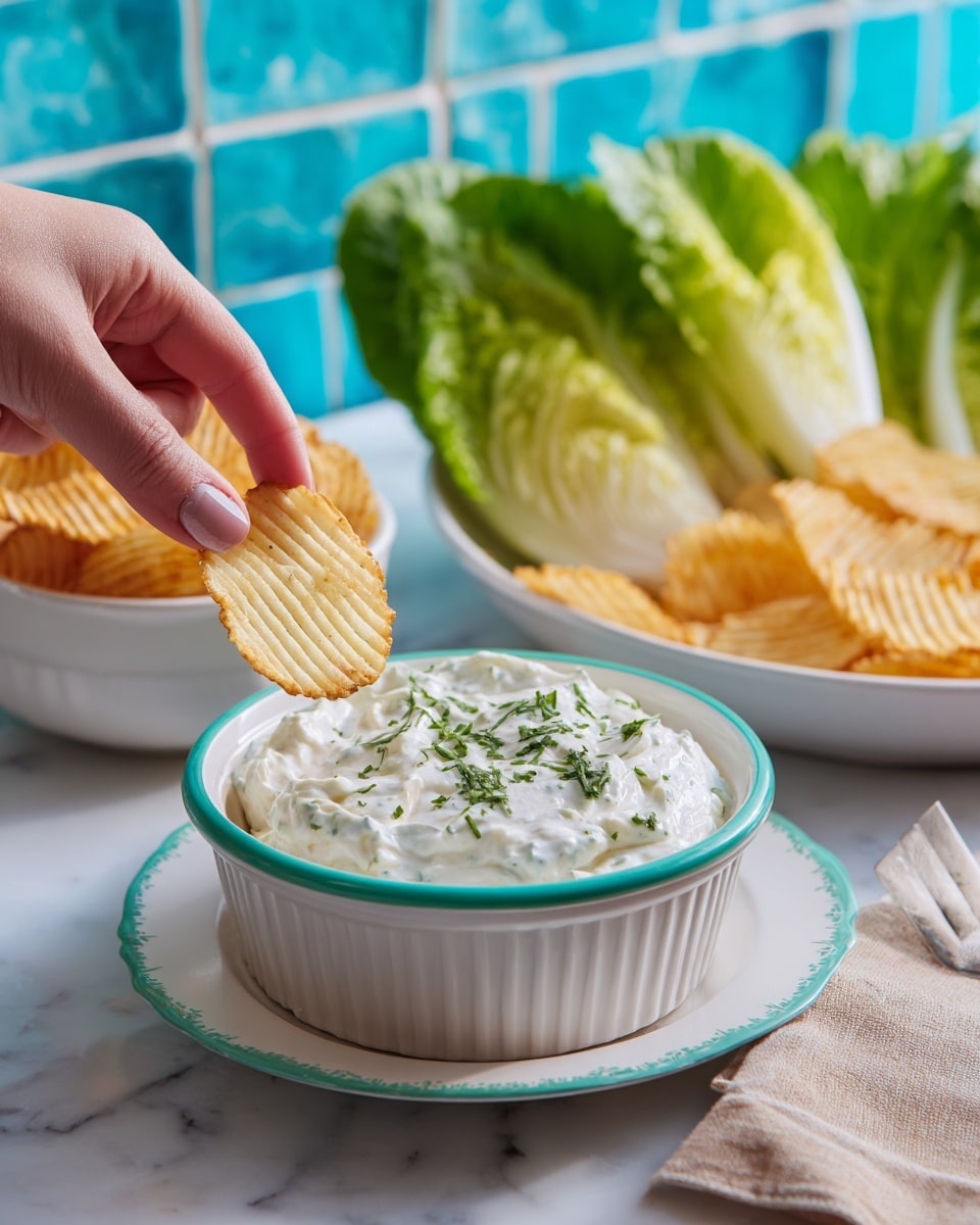 A bowl of smooth, light beige dip topped with small pieces of chopped green herbs sits at the center of the image, the bowl having a thin green edge. To the left, a white plate holds wavy, pale yellow potato chips neatly arranged. On the right, there is a white plate with long, fresh green lettuce leaves, layered and resting on a mustard yellow cloth. The background is a soft light blue surface with white geometric lines, resembling a tiled pattern. photo taken with an iphone --ar 4:5 --v 7