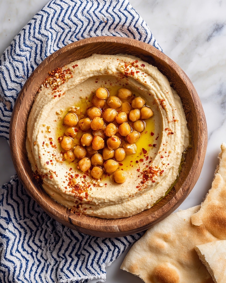 A white plate holds a smooth layer of creamy light beige hummus spread in a circular shape. In the center, there is a small pile of whole chickpeas, some coated with red paprika and fresh green herbs sprinkled over. A golden olive oil drizzle circles part of the hummus. To the right side of the plate, two triangles of toasted pita bread rest partially on the hummus. The plate is placed on a white marbled surface, and in the upper right corner, a small black bowl of dried herbs is partly visible. photo taken with an iphone --ar 4:5 --v 7