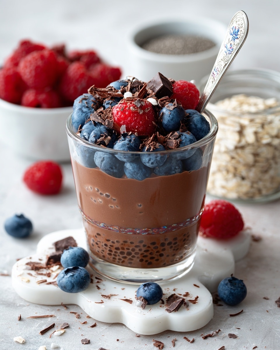 A clear glass bowl sits on a white scalloped placemat on a white marbled surface, filled with one thick layer of chocolate chia pudding mixed with tiny oat pieces, showing a slightly rough texture. On top, fresh whole blueberries and bright red raspberries are evenly placed, along with small dark chocolate shavings scattered around. A silver spoon holds a spoonful of the pudding lifted above the bowl, carrying two blueberries, one raspberry, and a small dark chocolate shard. Blueberries and scattered oats and chia seeds surround the bowl on the marbled surface. Photo taken with an iphone --ar 4:5 --v 7