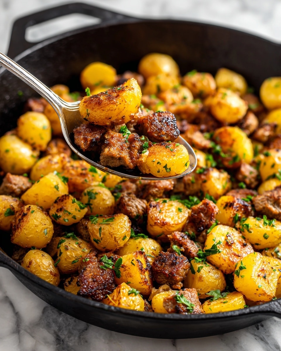 A black cast iron pan on a white marbled surface holds a mix of small, golden-brown halved potatoes and browned cubes of meat, garnished with small green parsley leaves scattered on top. A silver spoon in the pan lifts a piece of potato and a few meat cubes, showing their crispy texture. The overall color is warm with shiny brown and yellow tones, highlighting the cooked food's crispiness and freshness. Photo taken with an iphone --ar 4:5 --v 7