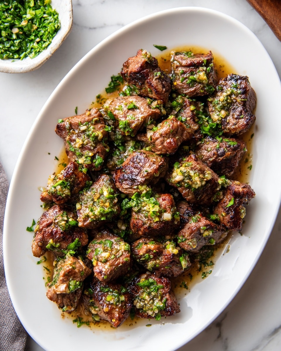 The image shows small pieces of cooked dark brown meat spread over a white oval plate, each piece topped with a chunky reddish-brown sauce mixed with tiny bits of garlic or spices. The meat pieces have a slightly shiny surface and some charred edges, giving a textured, rich look. Fresh green chopped herbs are sprinkled over the meat, adding contrast with the dark meat and sauce. The plate sits on a white marbled surface with a striped cloth partially visible at the bottom right and a wooden bowl of more green herbs in the top left corner. photo taken with an iphone --ar 4:5 --v 7