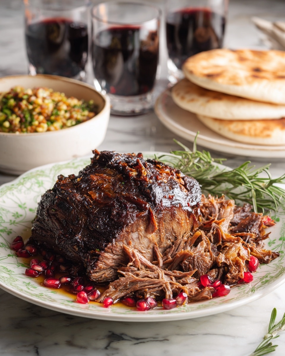 A large piece of brown roasted meat with a crispy outer layer and tender inside sits on a white plate with green patterns. Around the meat, there are scattered bright red pomegranate seeds adding color. In the blurred background, there are two clear glasses filled with dark red wine, a white bowl with some mixed food, and folded flatbread on the white marbled surface. The scene is softly lit, highlighting the juicy texture of the meat and the vibrant colors on the plate photo taken with an iphone --ar 4:5 --v 7