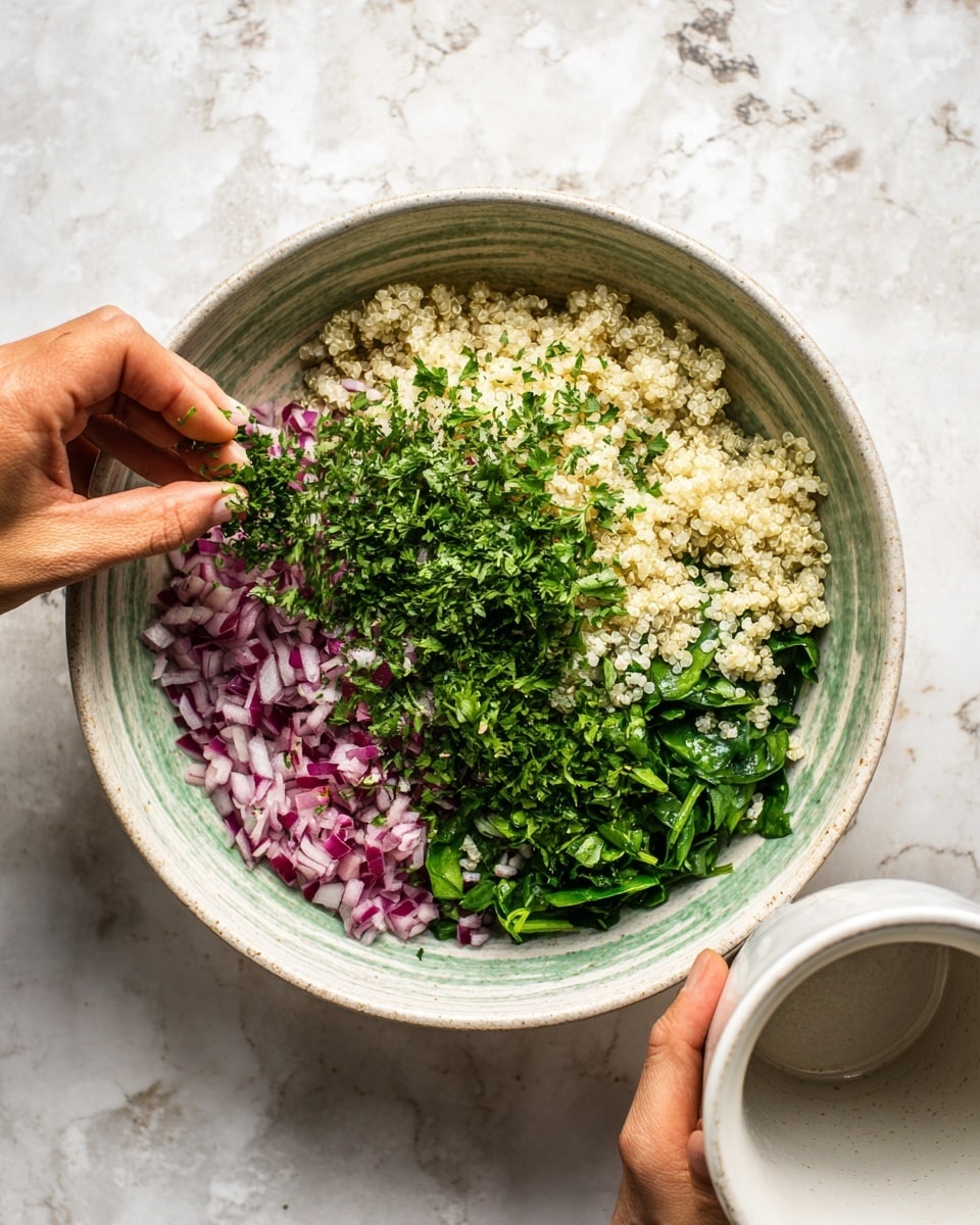 The image shows two steps of making a salad in a large white bowl with a greenish-blue inside. In the first step on the left, there is a layer of finely chopped red onion pieces at the bottom. A woman's hand is sprinkling fresh green parsley leaves over the onions. In the second step on the right, the bowl now has a layer of chopped bright green spinach leaves above the onions, and a white cup is pouring cooked red quinoa with a fluffy, slightly shiny texture on top of the spinach. The background features fresh green parsley and a white marbled surface. photo taken with an iphone --ar 4:5 --v 7