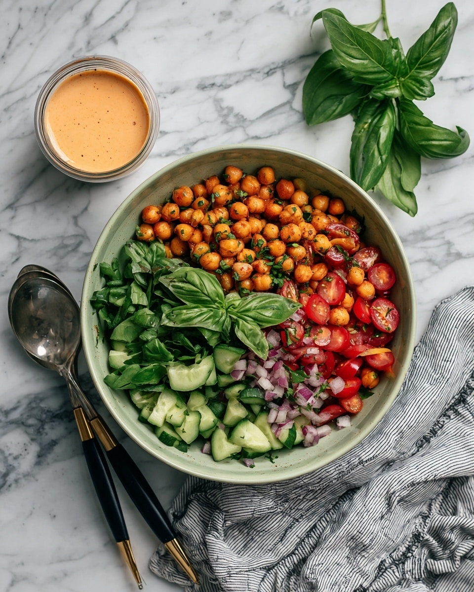 A large light blue bowl filled with a colorful salad on a white marbled surface. The salad has three main layers: the bottom layer is green leafy spinach and herbs, the middle layer is golden brown roasted chickpeas scattered thickly, and the top layer shows quartered red cherry tomatoes, sliced green cucumber, and fresh basil leaves with their bright green color. Next to the bowl is a small clear glass cup with a creamy orange dressing and a sprig of parsley on top of the marble surface. Two serving spoons with black handles and gold tips lie beside the bowl and a crumpled grey cloth is placed to the upper left side of the bowl. Photo taken with an iphone --ar 4:5 --v 7