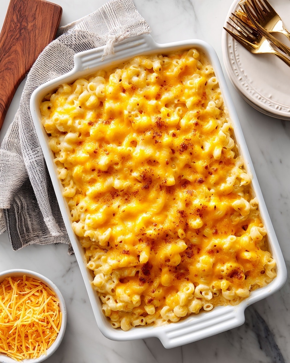 A white rectangular baking dish filled with a single thick layer of baked macaroni and cheese. The top layer is golden-yellow melted cheese with some creamy and slightly browned spots. The cheese covers small pasta pieces mixed tightly underneath, showing a creamy and smooth texture. The dish sits on a white marbled surface with a gray-striped towel on the left side, a wooden spatula below, a small white bowl filled with shredded cheese on the bottom right, and a white plate with gold cutlery in the top right corner. photo taken with an iphone --ar 4:5 --v 7
