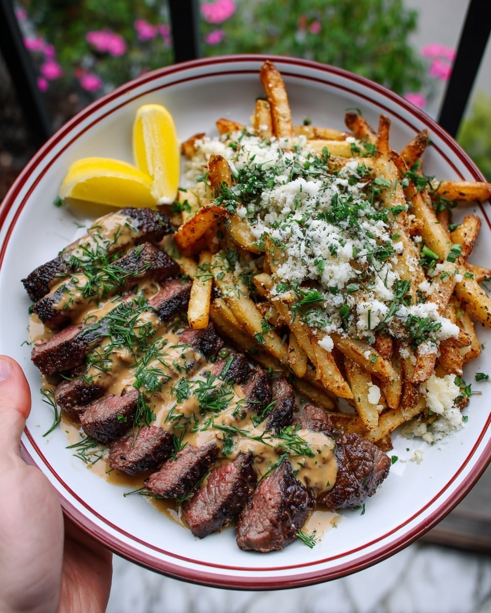 The image shows a white plate with a red rim filled with food, held by a woman's hand. On the left side of the plate, there are several slices of grilled steak with a pink inside and charred edges, topped with a creamy yellow sauce sprinkled with green herbs. Two lemon wedges are placed beside the steak. On the right side of the plate, there is a stack of long, golden-brown fries sprinkled with grated white cheese and green herbs. The plate is set against a background of outdoor green grass. photo taken with an iphone --ar 4:5 --v 7