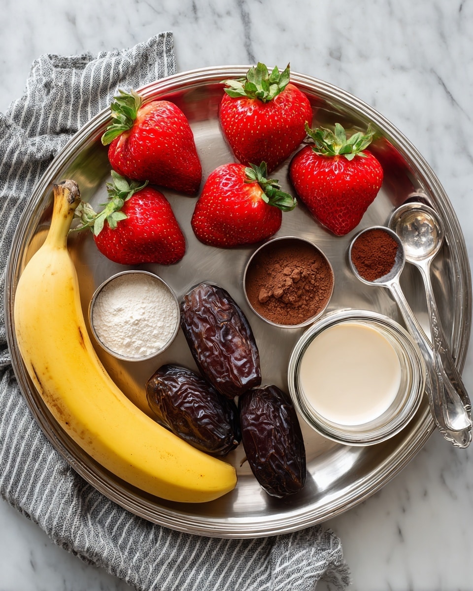A silver tray holds fresh ingredients arranged neatly: a cluster of seven red strawberries with green tops on the upper left corner, two of them sliced in half showing their juicy interior, two measuring spoons in the middle with white powder in one and brown cocoa powder in the other, two dark brown dates placed below the spoons, a small glass jar filled with creamy white liquid on the lower right, and a bright yellow banana positioned diagonally on the bottom left. A gray-striped cloth is draped partially on the bottom left corner of the tray. The background is a white marbled surface photo taken with an iphone --ar 4:5 --v 7