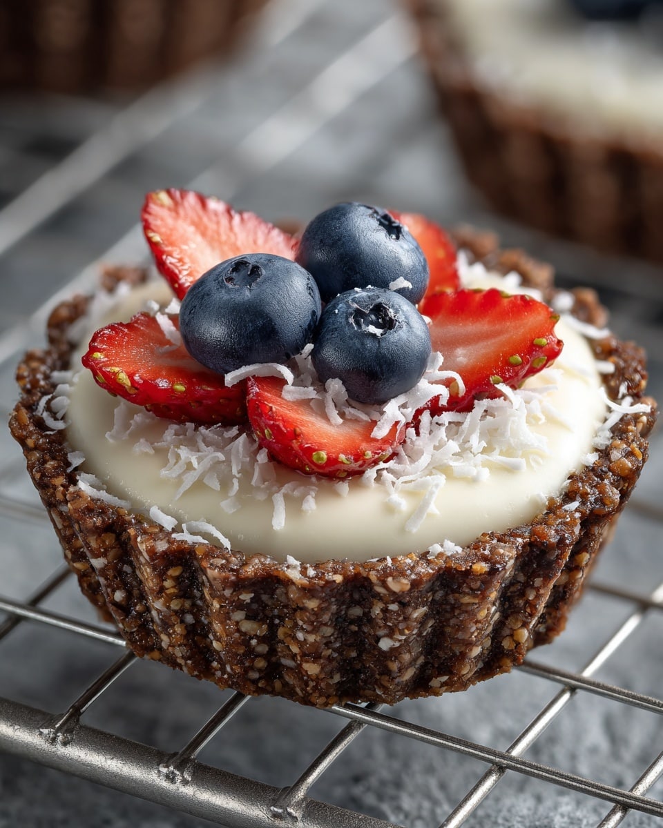 The image shows a single tart with three layers. The bottom layer is a brown, crumbly crust forming a cup shape. The middle layer is smooth white cream filling the crust. The top layer has three blueberries placed in a triangle near the top edge and three red strawberry slices arranged in a row below the blueberries. White shredded coconut is sprinkled lightly over the cream and fruits. The tart sits on a metal cooling rack with a grey surface below. photo taken with an iphone --ar 4:5 --v 7
