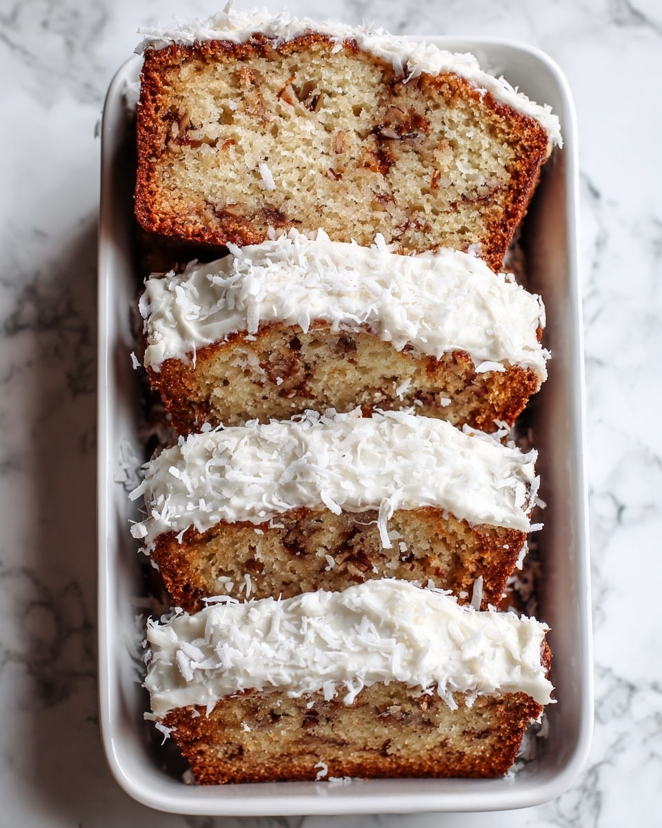 The image shows a white rectangular dish with several slices of cake arranged in two groups. The bottom group has six slices topped with a thick layer of white frosting and sprinkled with white shredded coconut, giving a fluffy and textured look. The top group has one plain slice of cake without frosting, showing a light brown inside with visible darker spots, likely nuts or fruit pieces. The dish is placed on a surface with a white marbled texture, and soft natural light highlights the texture and colors of the cake. photo taken with an iphone --ar 4:5 --v 7