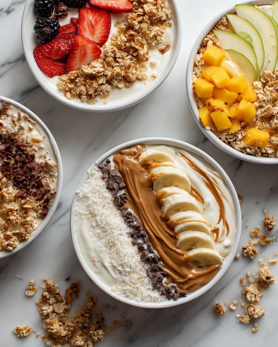 The image shows four white bowls filled with different smoothie bowls placed on a white marbled surface. The main bowl in the center has four distinct horizontal layers: creamy white smoothie base at the bottom, light brown granola on the left, pale yellow banana slices in the middle, a small strip of dark chocolate chips next to the bananas, and a generous drizzle of smooth brown almond butter flowing on the right side. The top left bowl features a white smoothie base topped with golden granola, halved red strawberries, and a drizzle of brown almond butter with some blackberries and raspberries near the edges. The top right bowl has thinly sliced light yellow apples layered over a white smoothie, with a swirl of darker brown nut butter drizzled on top. The bottom right bowl contains a white smoothie base covered by golden granola scattered evenly, topped with light orange mango chunks and sprinkled with white coconut flakes. The scene captures a clean, bright breakfast setup with some scattered granola and chocolate chips on the marbled surface around the bowls. photo taken with an iphone --ar 4:5 --v 7