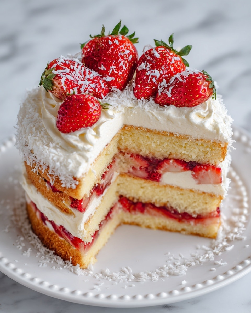 The image shows a three-layer vanilla sponge cake with thick, creamy white frosting between each layer and on top. The frosting layers each have fresh sliced strawberries embedded inside, adding a splash of red color. The top of the cake is decorated with whole and halved strawberries, along with a light sprinkle of white coconut flakes. The cake sits on a white plate with a delicate beaded edge, placed on a white marbled surface. Photo taken with an iphone --ar 4:5 --v 7