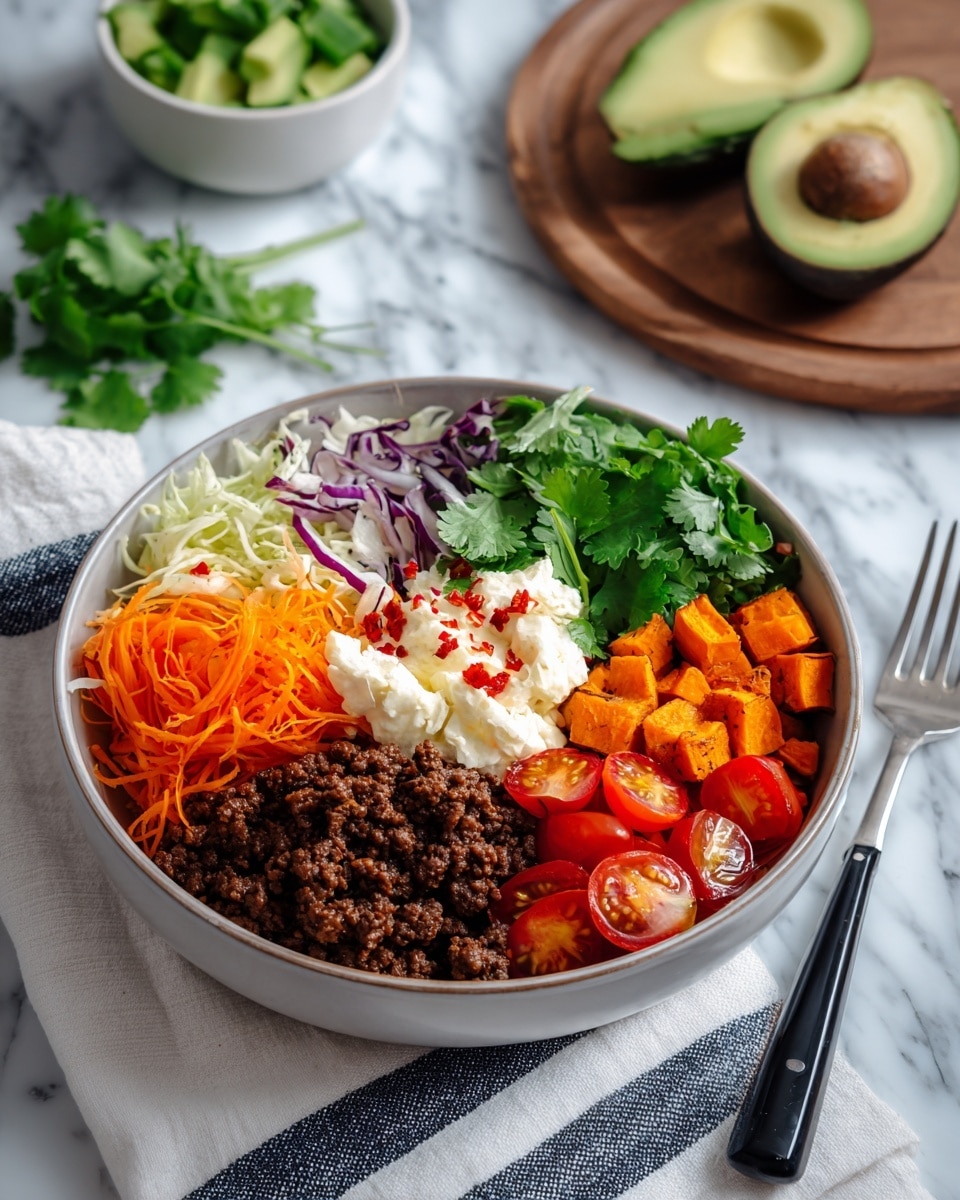 A bowl is filled with five layers: on the left side, cooked ground meat with a dark brown color and crumbly texture; next to it, a mix of shredded carrots and cabbage in orange, white, and purple with fresh green cilantro leaves; in the middle, a small mound of white cottage cheese topped with red chili flakes; around the cottage cheese, slices of bright green avocado; on the right side, small cubes of roasted sweet potato in a warm orange-brown color; and in the front right, a mix of halved red, yellow, and purple cherry tomatoes with thin slices of purple onion. The bowl is placed on a white marbled surface, surrounded by a white and blue cloth, a white bowl with extra avocado slices, a small white bowl with more cherry tomato and onion salad, a fork with a black handle, and some fresh cilantro on the side. photo taken with an iphone --ar 4:5 --v 7