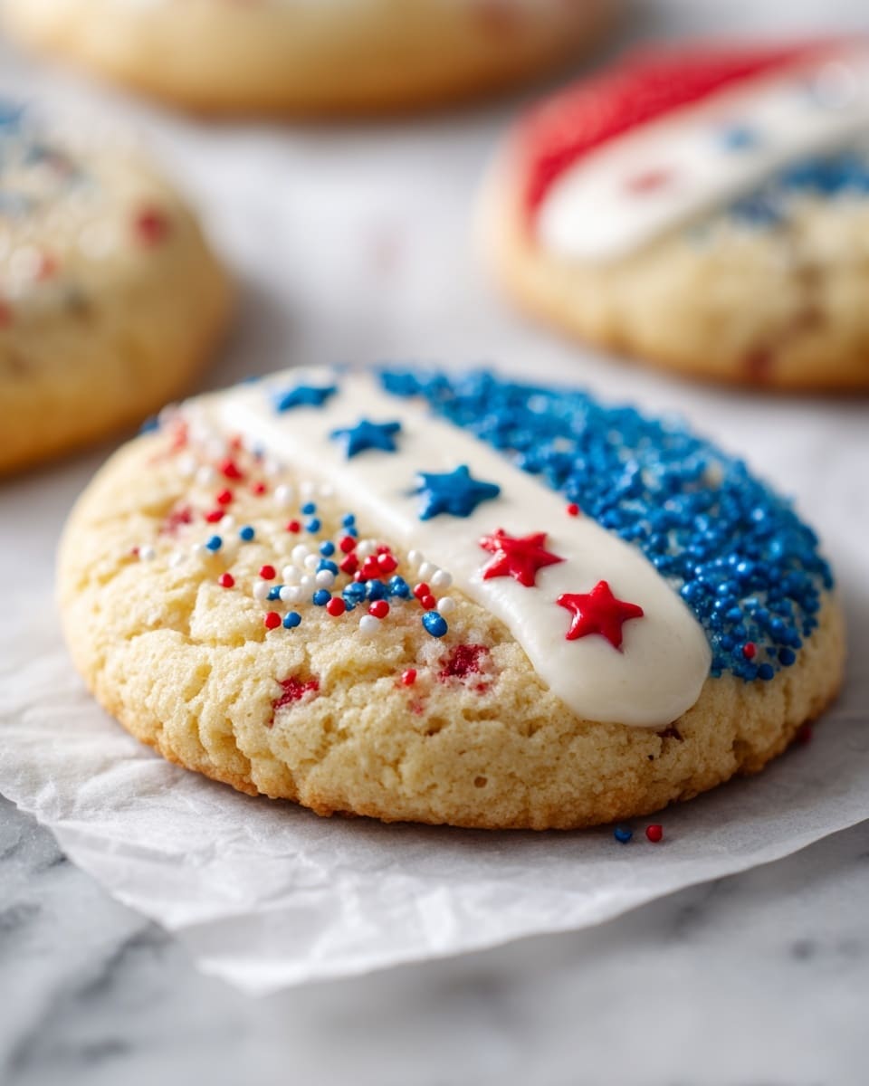 A close-up view of a soft, round cookie speckled with red and blue dots all over its light tan surface. The cookie has a smooth, white icing circle in the center. On top of the icing, there is a line of bright blue icing, draped across the top half, and three small star-shaped sprinkles in red, white, and blue arranged side by side along the blue icing. The cookie is set on white parchment paper with more cookies and colorful sprinkles nearby. The background is a white marbled surface. Photo taken with an iphone --ar 4:5 --v 7