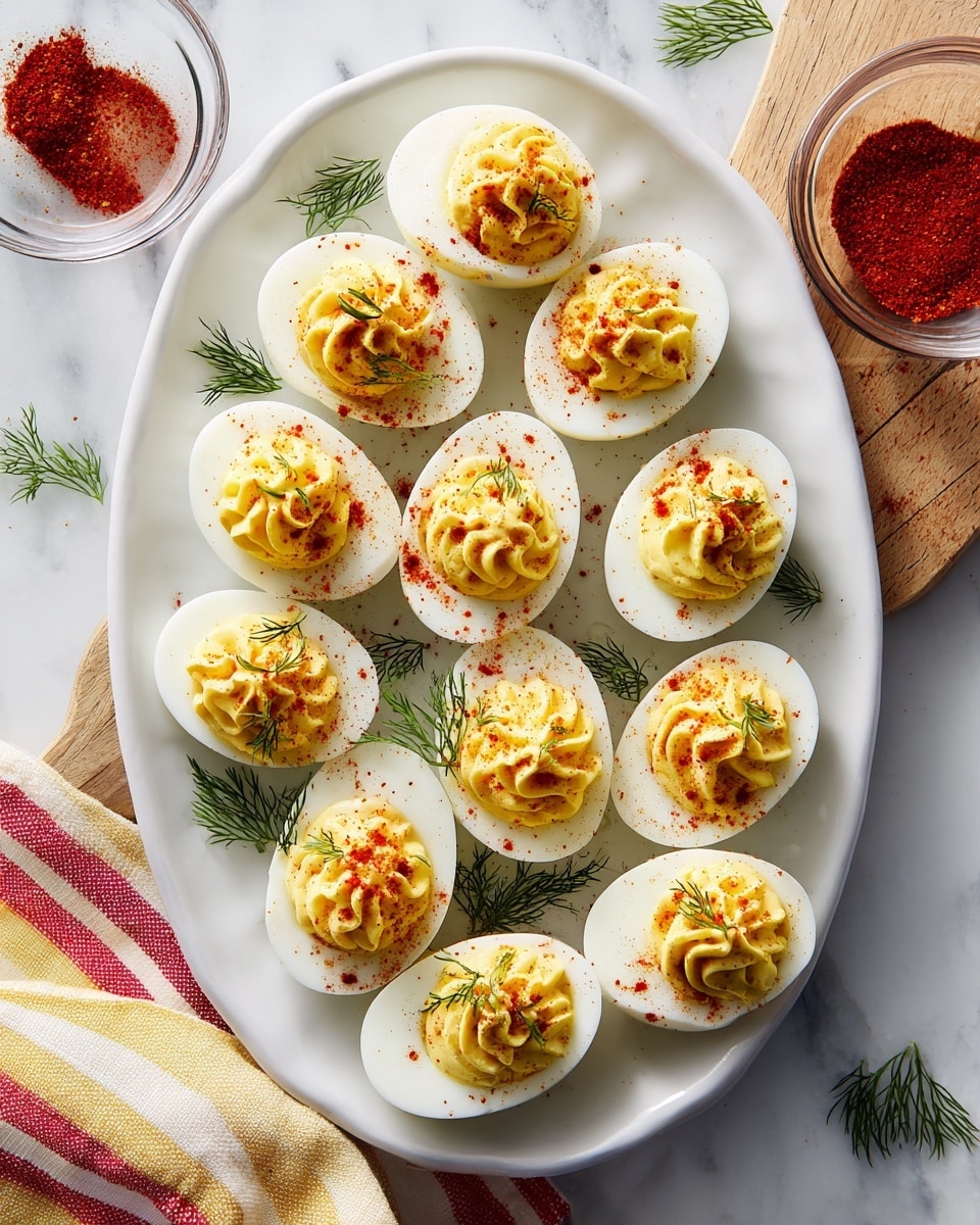 A white oval plate holds eleven halved hard-boiled eggs arranged in neat rows. Each egg half shows bright white outer edges with a smooth, creamy yellow filling on top, piped in a swirled mound. The filling is lightly sprinkled with red paprika powder and topped with a small sprig of fresh green dill. The plate sits on a white marbled surface, and scattered sprigs of dill are around the plate. To the side, a striped cloth in yellow, orange, and white lies partly folded next to a small clear bowl filled with red paprika powder on a wooden board. Photo taken with an iphone --ar 4:5 --v 7