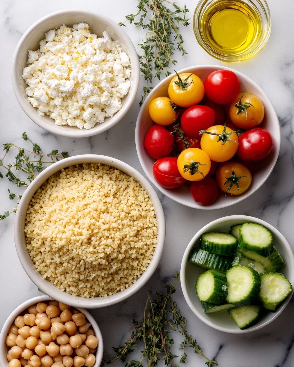 The image shows several white bowls and dishes on a white marbled surface. One bowl holds light beige round couscous grains with a smooth texture. Another white bowl contains round peach-colored cherry tomatoes with green stems, while a third bowl has smaller, bright red cherry tomatoes on the vine. A small white dish holds crumbled white feta cheese with a rough texture. Another small white bowl is filled with pale yellow chickpeas with a smooth, round shape. There is a white bowl with thin green cucumber slices neatly stacked. Fresh thyme sprigs with tiny green leaves are placed on the side near a cut lemon with bright yellow skin and juicy texture. A clear small glass container with golden olive oil also sits among the ingredients. photo taken with an iphone --ar 4:5 --v 7