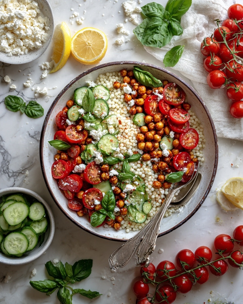 A white bowl full of small round pasta mixed with halved cherry tomatoes in red and deep red, small cucumber slices, fresh green leaves, and small golden-brown roasted chickpeas scattered throughout. White crumbled cheese is sprinkled on top. Two silver spoons rest inside the bowl. The bowl sits on a white marbled surface with whole cherry tomatoes, a white plate of crumbled cheese, a small glass container of yellow oil, thyme sprigs, two lemon halves, a white small dish with cucumber slices, and a white bowl filled with whole tomatoes nearby. Photo taken with an iphone --ar 4:5 --v 7