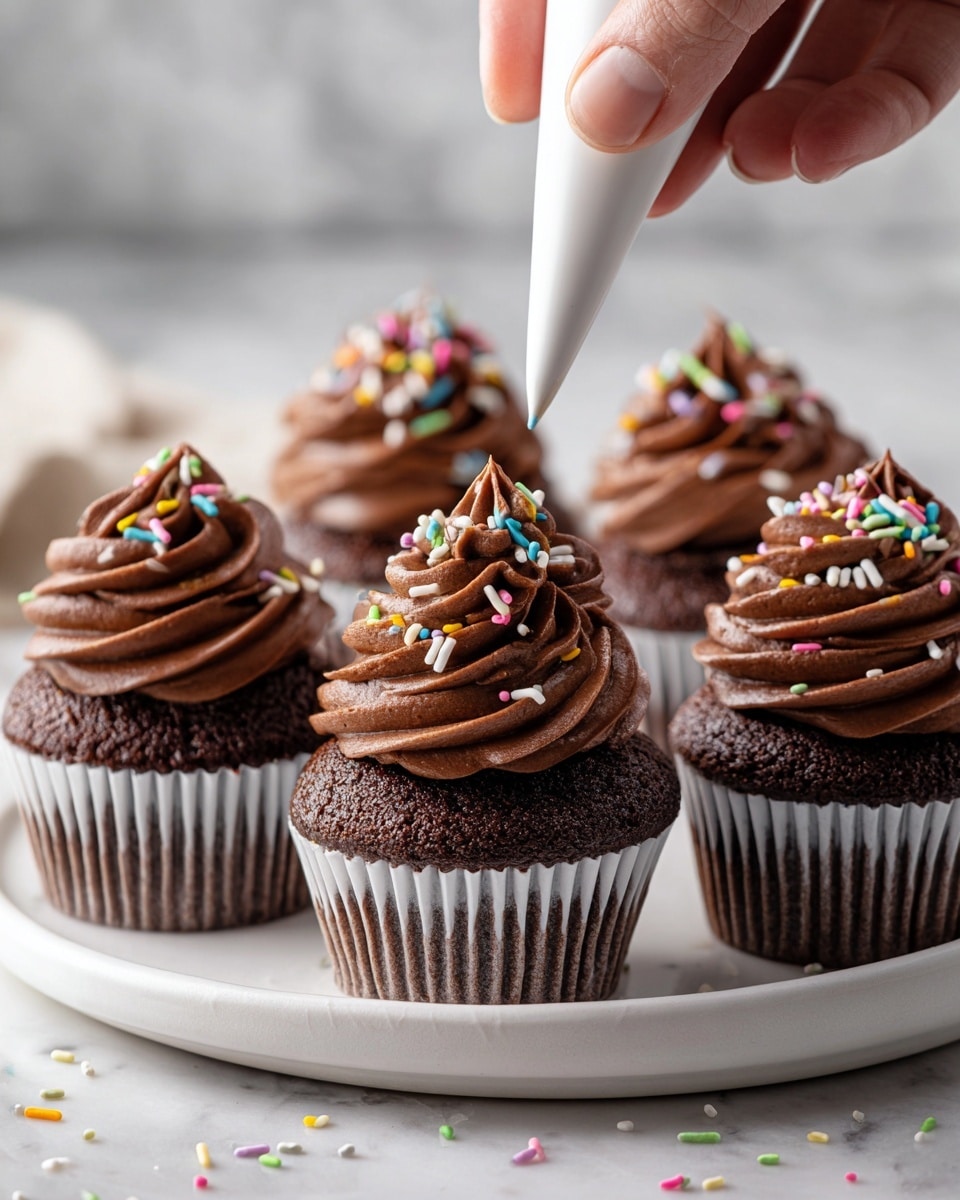 The image shows five chocolate cupcakes on a white plate with a white marbled background. Each cupcake has a dark brown base wrapped in white cupcake liners. On top of each cupcake is a tall swirl of smooth, rich chocolate frosting piped in layers that form a spiral shape ending in a pointed tip. Three of the cupcakes have colorful sprinkles scattered on top, adding small pops of red, blue, yellow, green, and white. A white piping bag held by a woman's hand is adding the last bit of chocolate frosting to the closest cupcake in the foreground. The focus is sharp on this front cupcake, while the others blur softly behind it. The lighting is bright and natural, enhancing the creamy texture and deep brown shades of the frosting. photo taken with an iphone --ar 4:5 --v 7