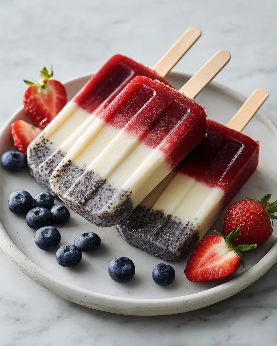 Three popsicles lie side by side on a white plate placed on a white marbled surface. Each popsicle has three distinct horizontal layers from top to bottom: the top layer is light pinkish-red with a smooth texture, the middle layer is creamy white, and the bottom layer is speckled purple-blue resembling blueberries. The wooden sticks extend from the bottom. Around the popsicles on the plate are scattered fresh blueberries and two bright red strawberry halves with green leaves. The scene is bright and fresh, photo taken with an iphone --ar 4:5 --v 7