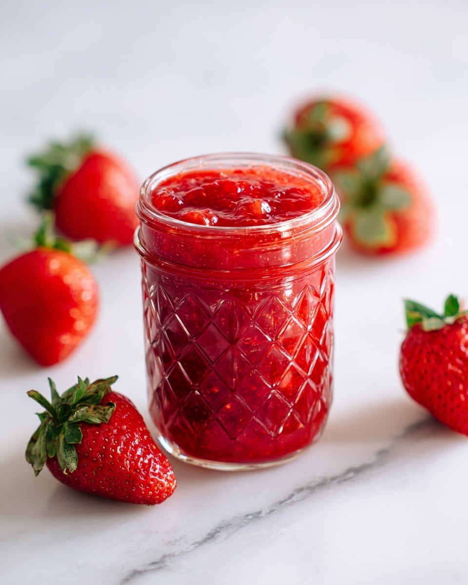 A clear glass jar filled with bright red strawberry sauce showing chunky, whole strawberries immersed in a glossy, thick syrup. The strawberries have visible seeds and a shiny, wet texture, with the syrup smoothly coating and pooling at the top and sides inside the jar. The jar sits on a white marbled surface, with some blurred strawberries in the background giving more color contrast. Photo taken with an iphone --ar 4:5 --v 7