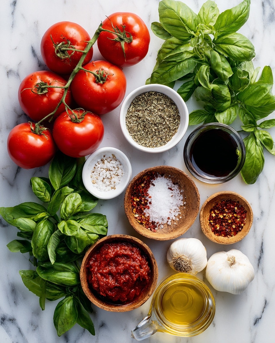 A bunch of red tomatoes on green vines are placed on the left side of a white marbled surface, accompanied by scattered fresh green basil leaves across the center and right side. Several small white bowls and wooden bowls contain various ingredients: one white bowl with red tomato paste, one white bowl with dried oregano, a wooden bowl with coarse salt, another wooden bowl with red chili flakes, a clear glass container with golden olive oil, a small glass cup with dark balsamic vinegar, a whole white garlic bulb, and a whole yellow onion. The arrangement is neat and colorful, showing all fresh ingredients clearly. photo taken with an iphone --ar 4:5 --v 7